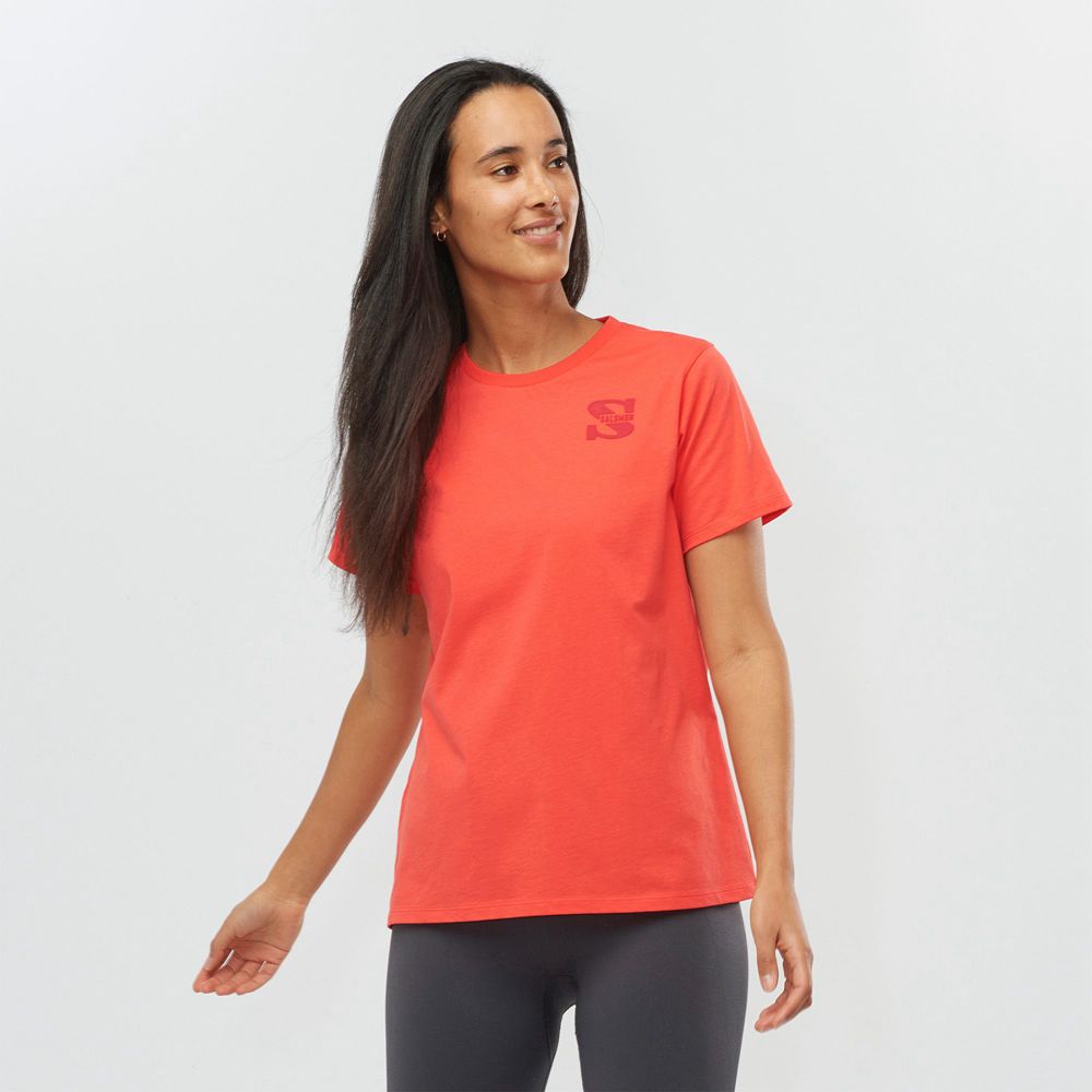 Salomon Singapore Womens T-shirts - OUTLIFE SMALL LOGO SS W Coral | 06783-VDWR